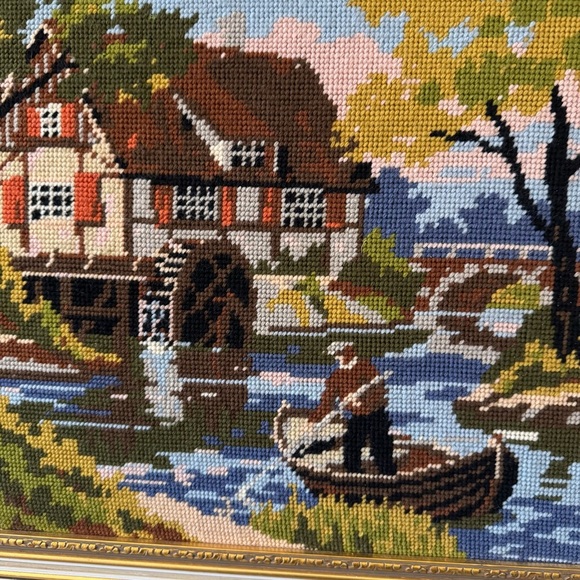 Framed Needlepoint Art Scenic Landscape River Man with Boat Waterwheel Handmade - Picture 5 of 7